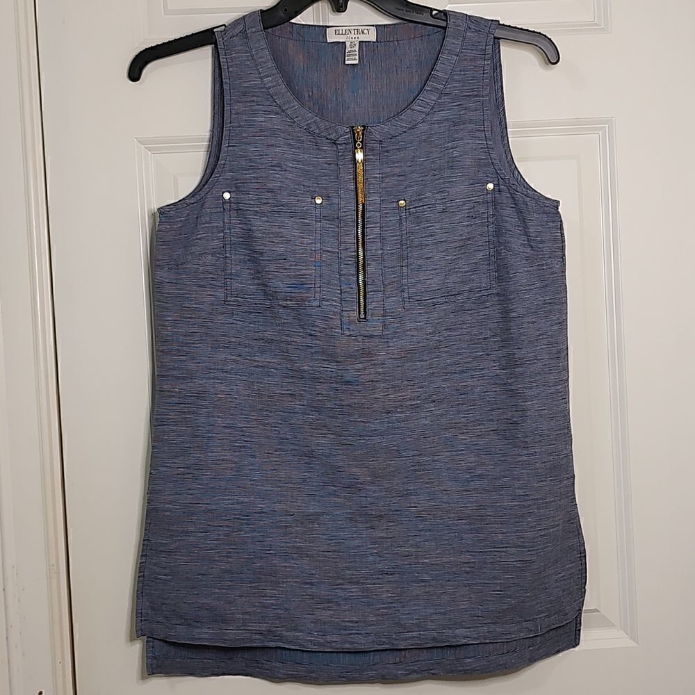Ellen Tracy Gold Tasseled Half Zip Sleeveless Linen Blend Blouse Top Size Small